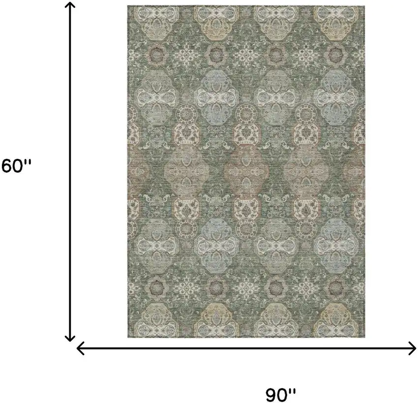 Green And Silver Floral Washable Indoor Outdoor Area Rug Photo 7