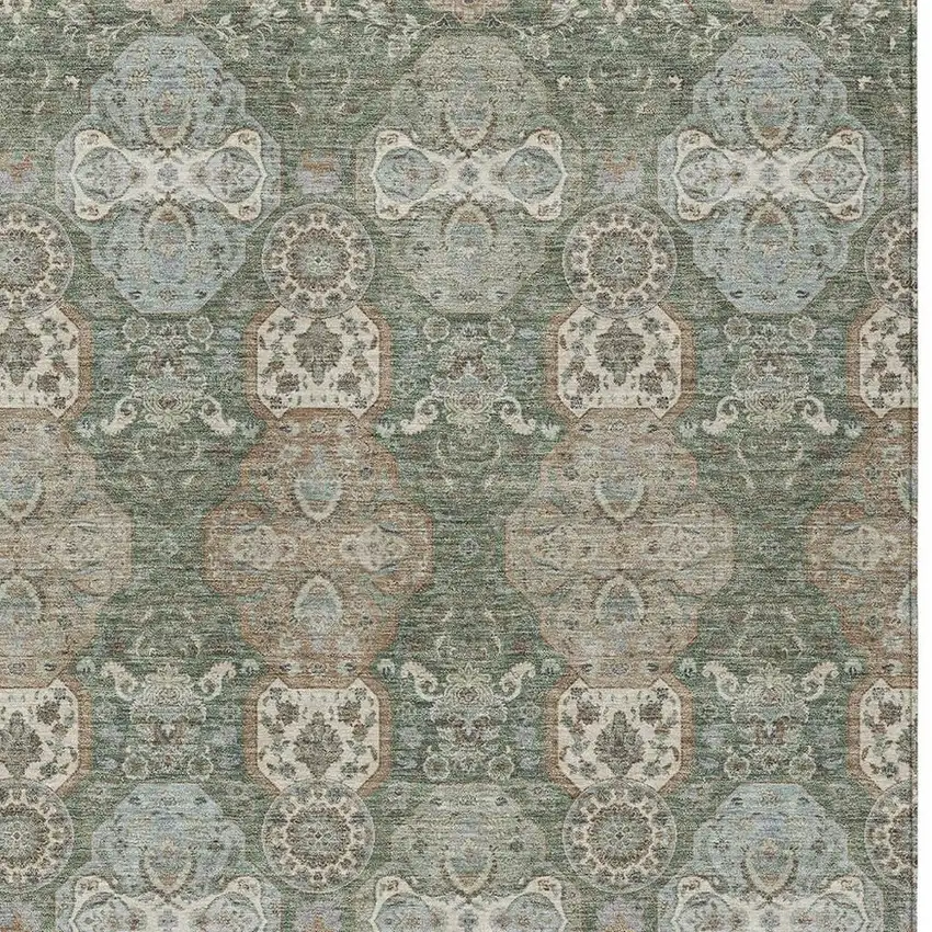 Green And Silver Floral Washable Indoor Outdoor Area Rug Photo 3