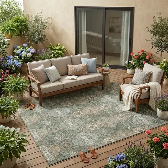 Green And Silver Floral Washable Indoor Outdoor Area Rug Photo 1