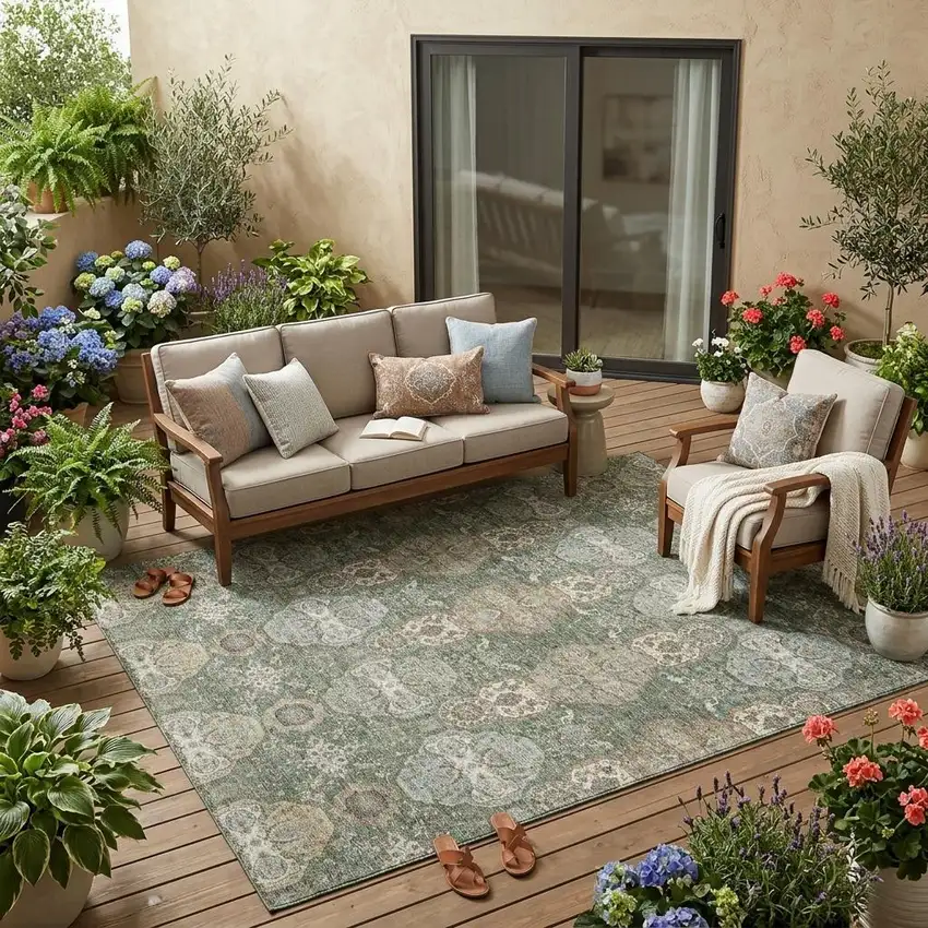 Green And Silver Floral Washable Indoor Outdoor Area Rug Photo 1