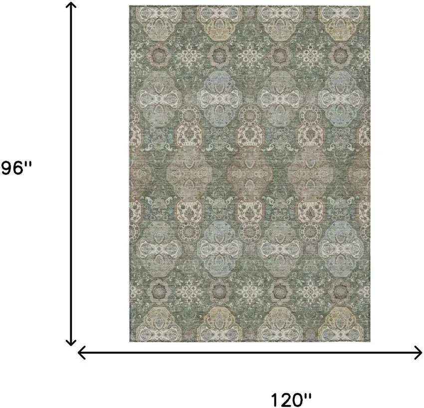 Green And Silver Floral Washable Indoor Outdoor Area Rug Photo 7