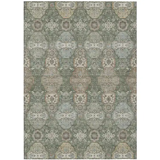 Green And Silver Floral Washable Indoor Outdoor Area Rug Photo 2