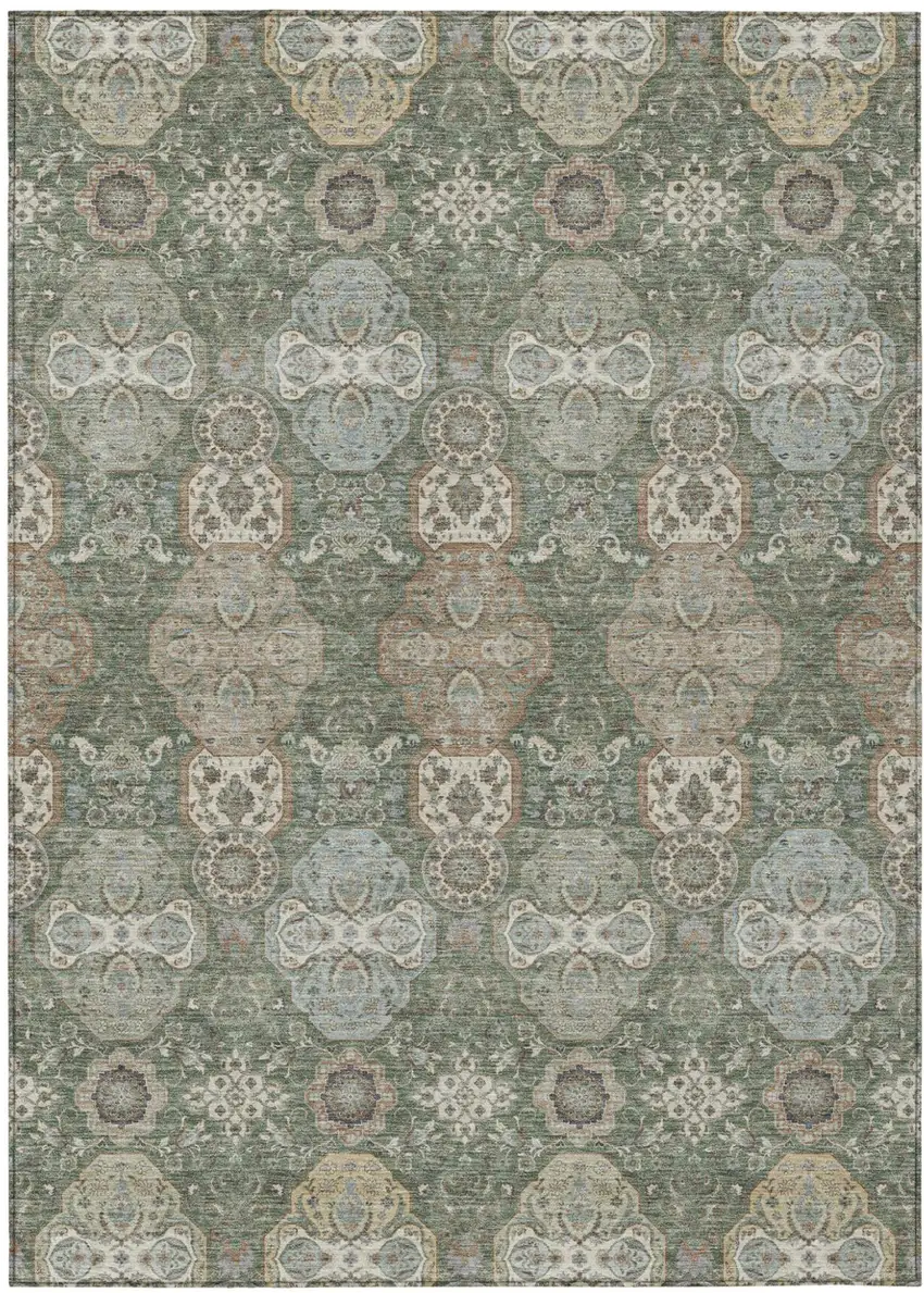 Green And Silver Floral Washable Indoor Outdoor Area Rug Photo 2