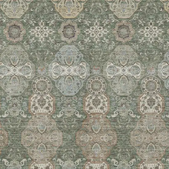 Green And Silver Floral Washable Indoor Outdoor Area Rug Photo 3