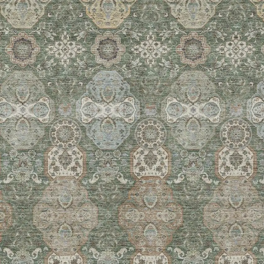 Green And Silver Floral Washable Indoor Outdoor Area Rug Photo 3