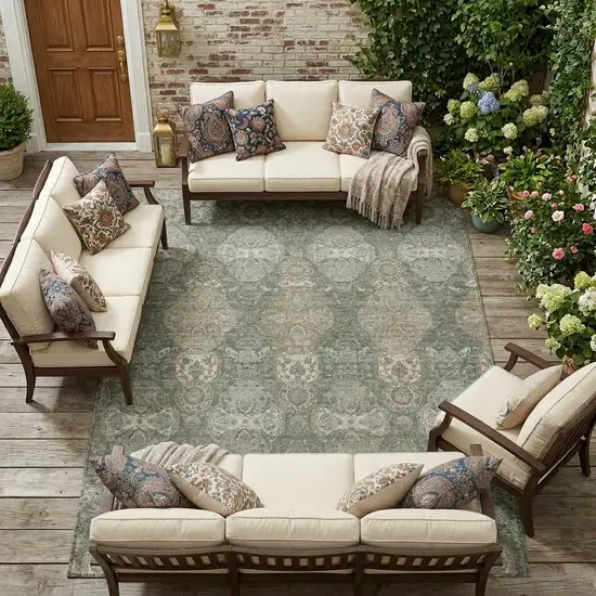 Green And Silver Floral Washable Indoor Outdoor Area Rug Photo 1