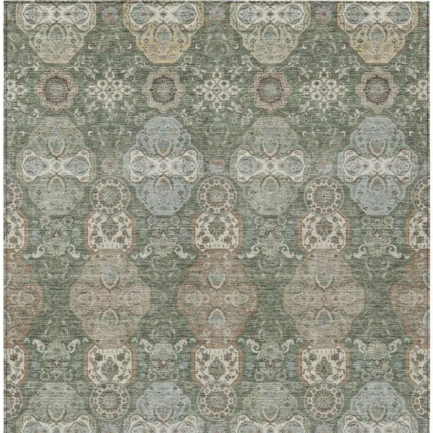 Green And Silver Floral Washable Indoor Outdoor Area Rug Photo 4