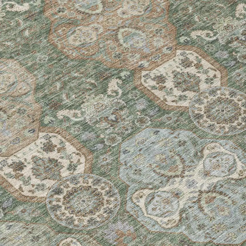 Green And Silver Floral Washable Indoor Outdoor Area Rug Photo 6