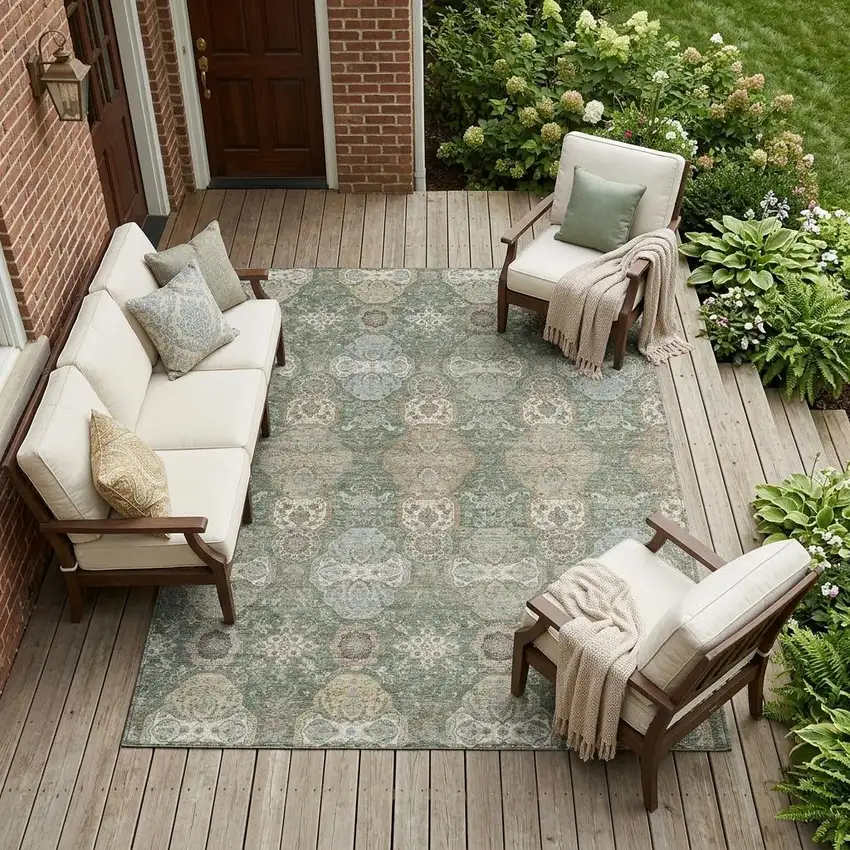 Green And Silver Floral Washable Indoor Outdoor Area Rug Photo 1