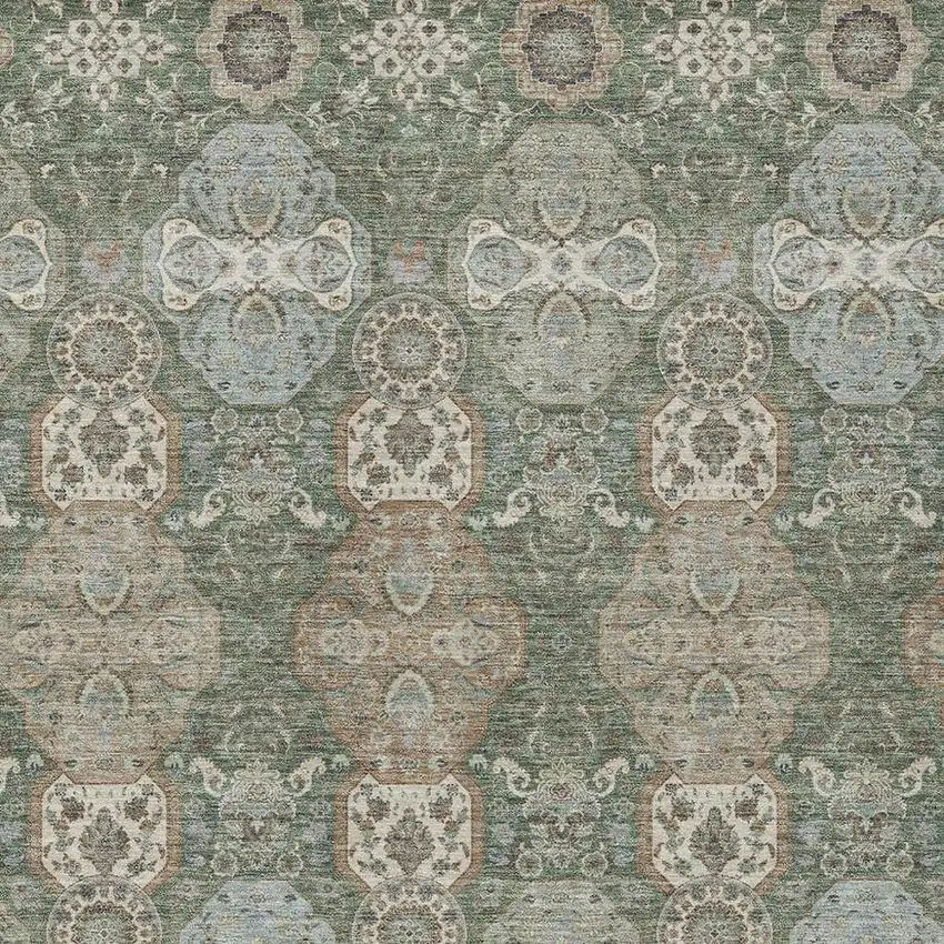 Green And Silver Floral Washable Indoor Outdoor Area Rug Photo 3