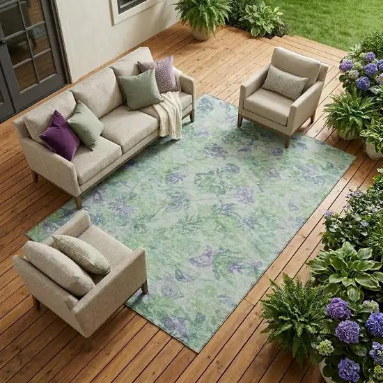 Green And Silver Floral Washable Indoor Outdoor Area Rug Photo 1