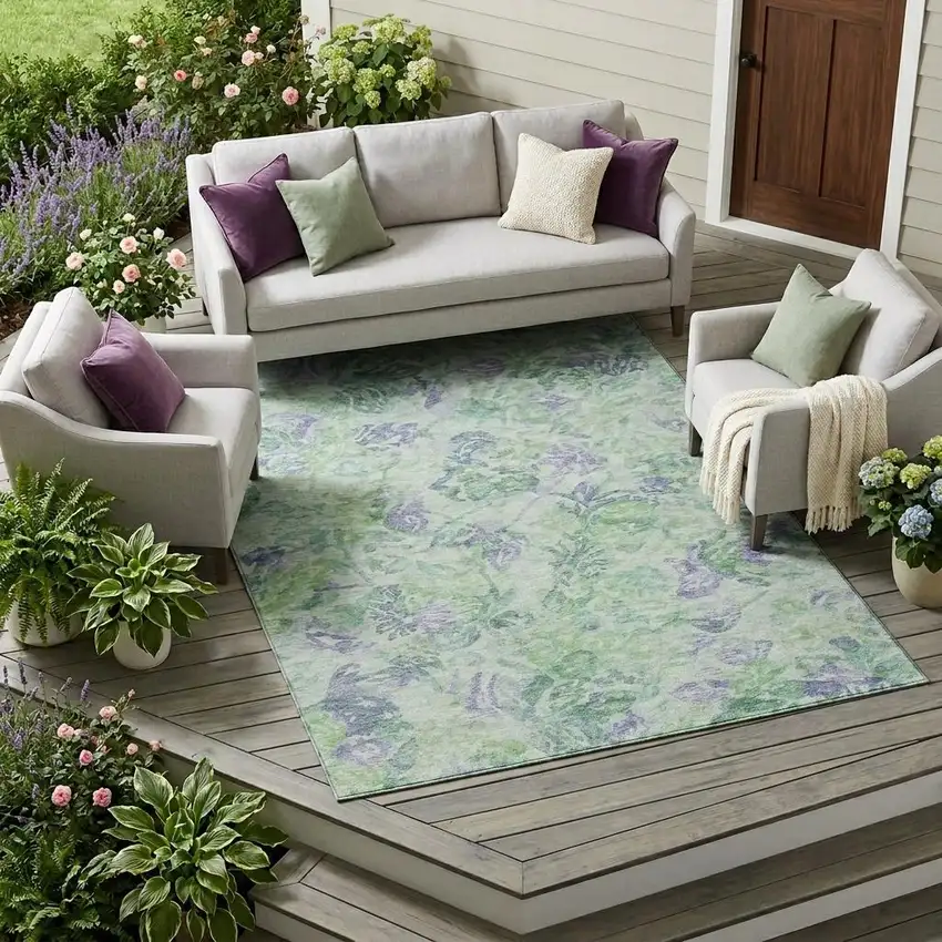 Green And Silver Floral Washable Indoor Outdoor Area Rug Photo 1