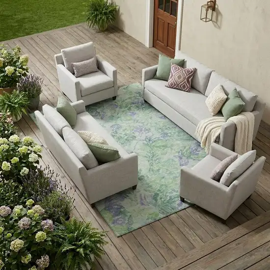 Green And Silver Floral Washable Indoor Outdoor Area Rug Photo 1