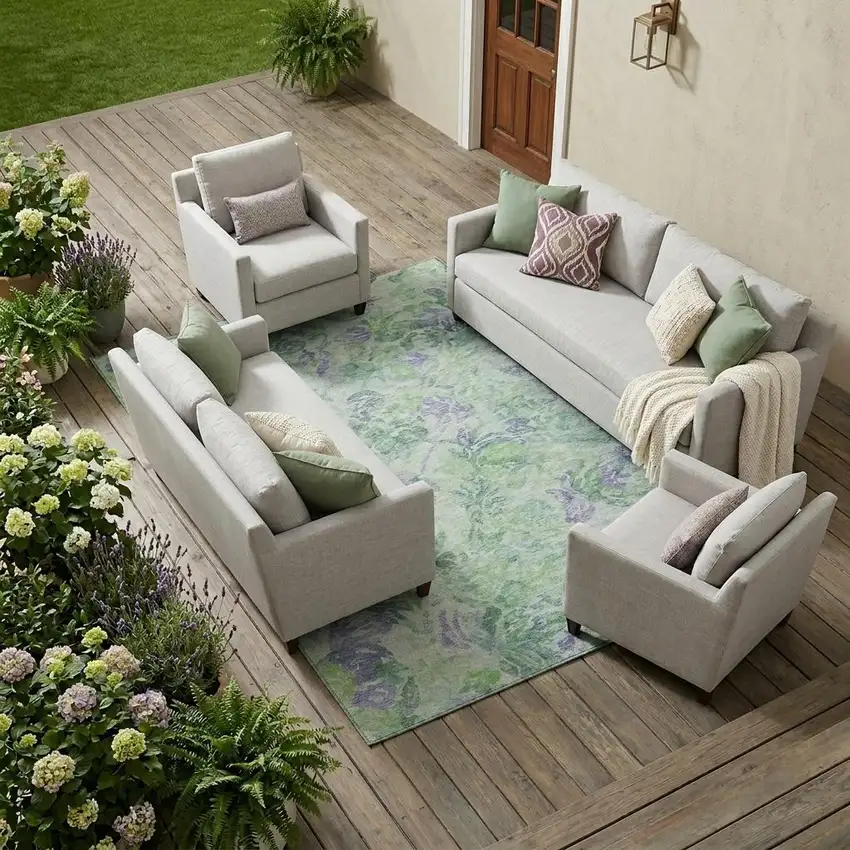 Green And Silver Floral Washable Indoor Outdoor Area Rug Photo 1