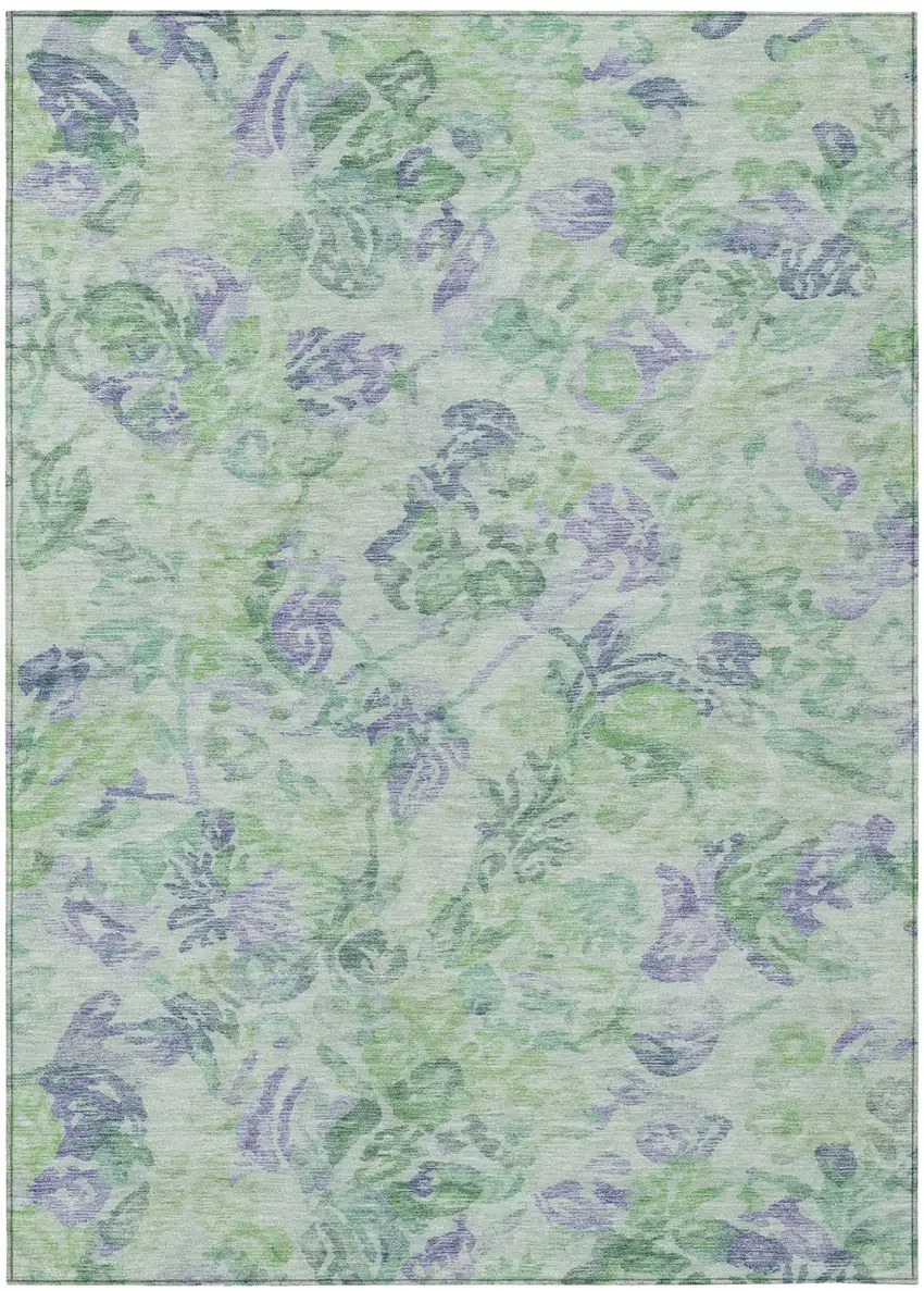 Green And Silver Floral Washable Indoor Outdoor Area Rug Photo 2