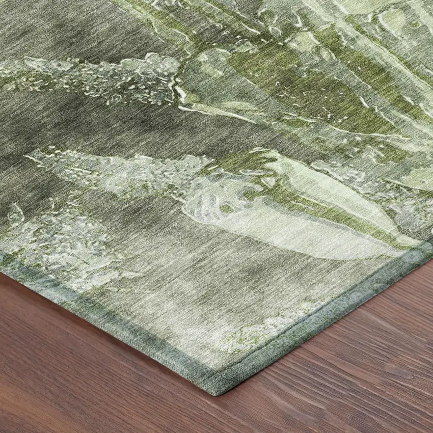 Green And Silver Floral Washable Indoor Outdoor Area Rug Photo 3