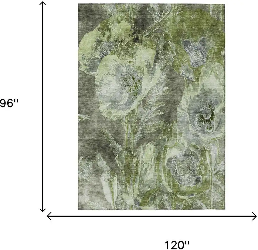 Green And Silver Floral Washable Indoor Outdoor Area Rug Photo 5