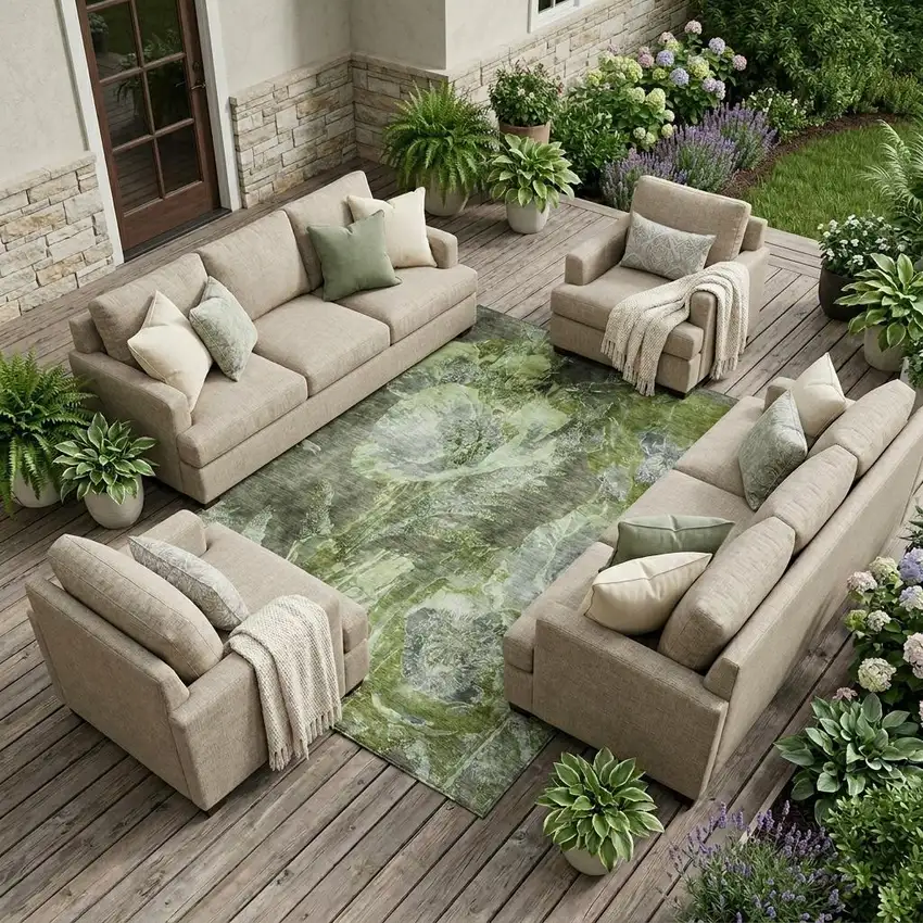 Green And Silver Floral Washable Indoor Outdoor Area Rug Photo 1