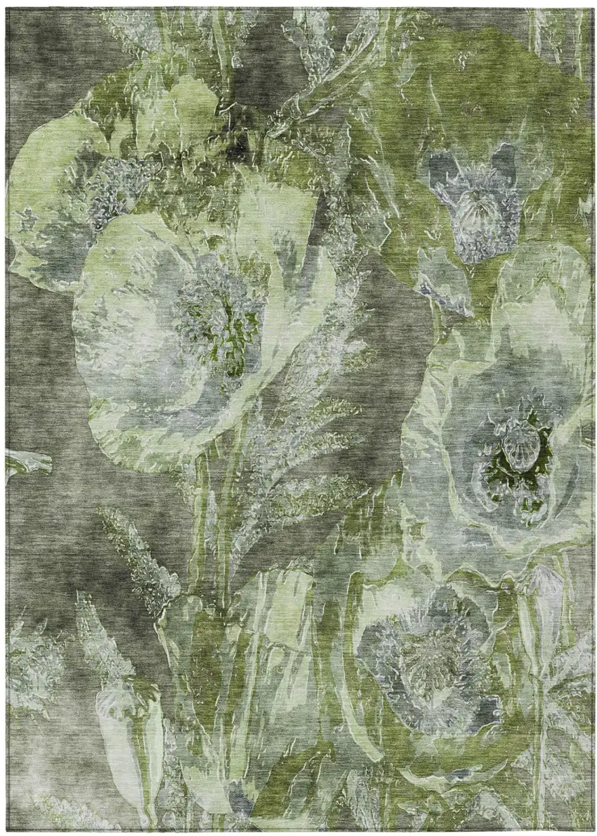 Green And Silver Floral Washable Indoor Outdoor Area Rug Photo 2