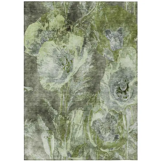 Green And Silver Floral Washable Indoor Outdoor Area Rug Photo 2