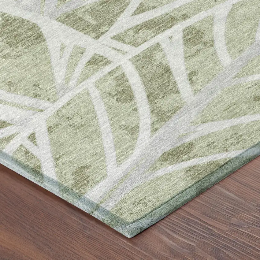 Green And Silver Floral Washable Indoor Outdoor Area Rug Photo 3