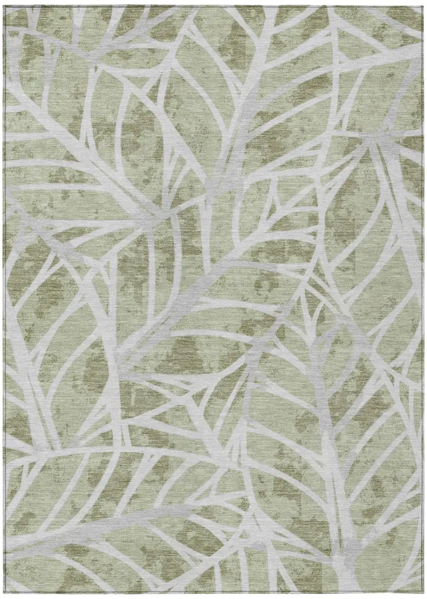 Green And Silver Floral Washable Indoor Outdoor Area Rug Photo 2