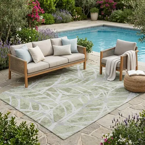 Green And Silver Floral Washable Indoor Outdoor Area Rug Photo 1