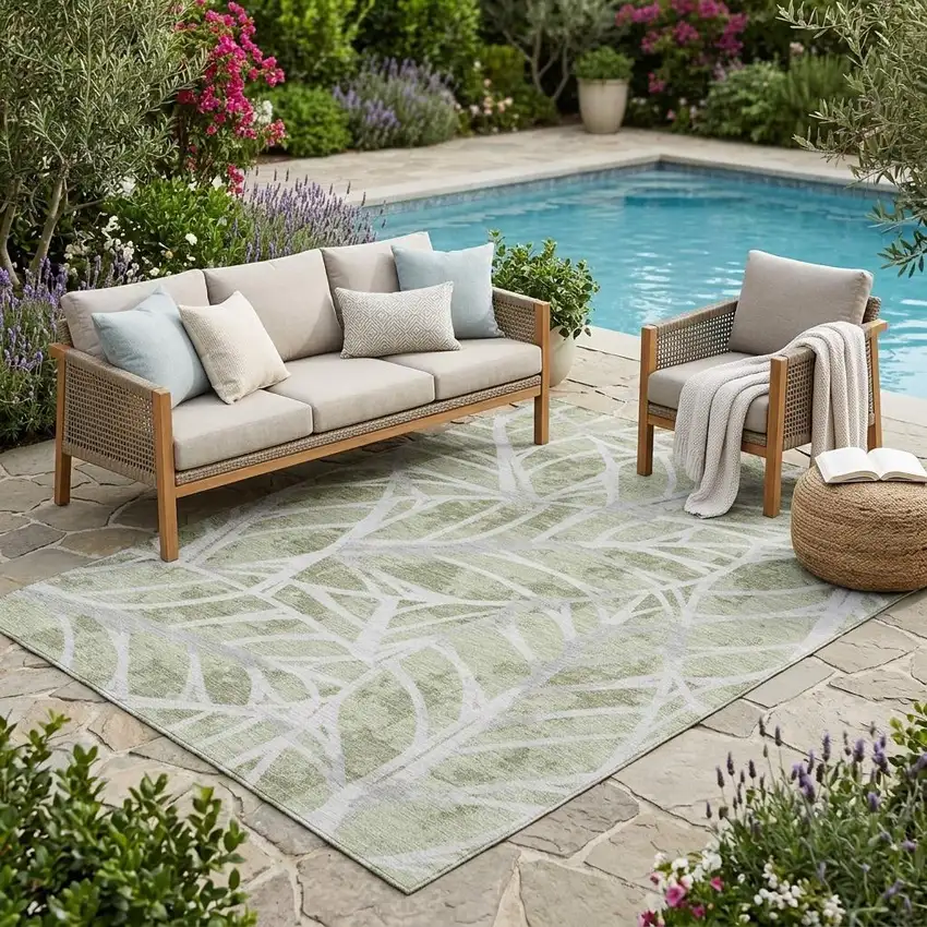 Green And Silver Floral Washable Indoor Outdoor Area Rug Photo 1