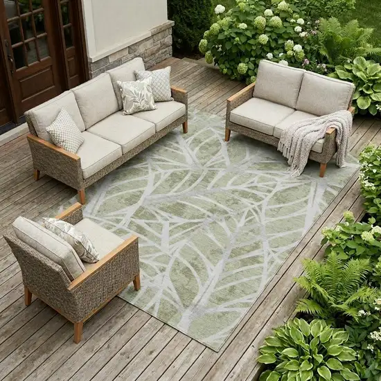 Green And Silver Floral Washable Indoor Outdoor Area Rug Photo 1