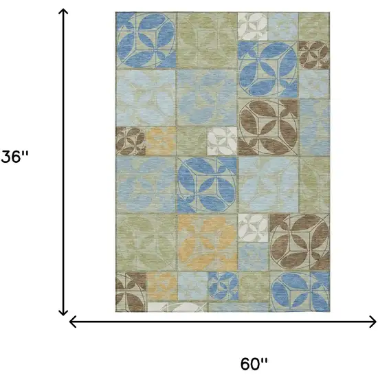 Green And Silver Geometric Washable Indoor Outdoor Area Rug Photo 6
