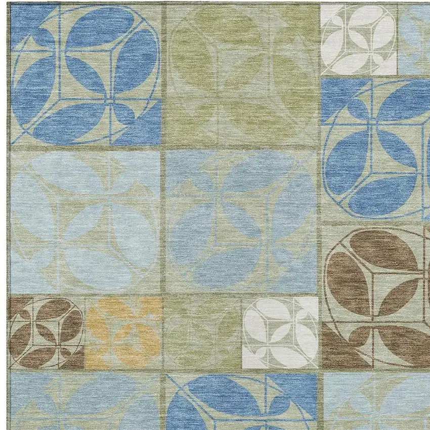 Green And Silver Geometric Washable Indoor Outdoor Area Rug Photo 2