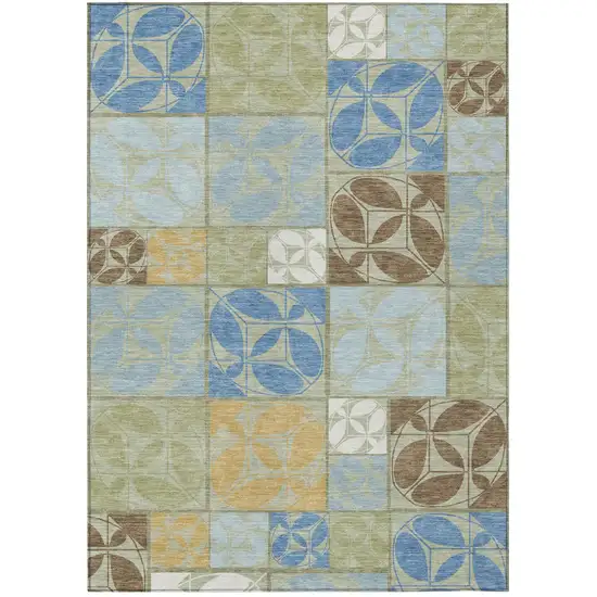 Green And Silver Geometric Washable Indoor Outdoor Area Rug Photo 1