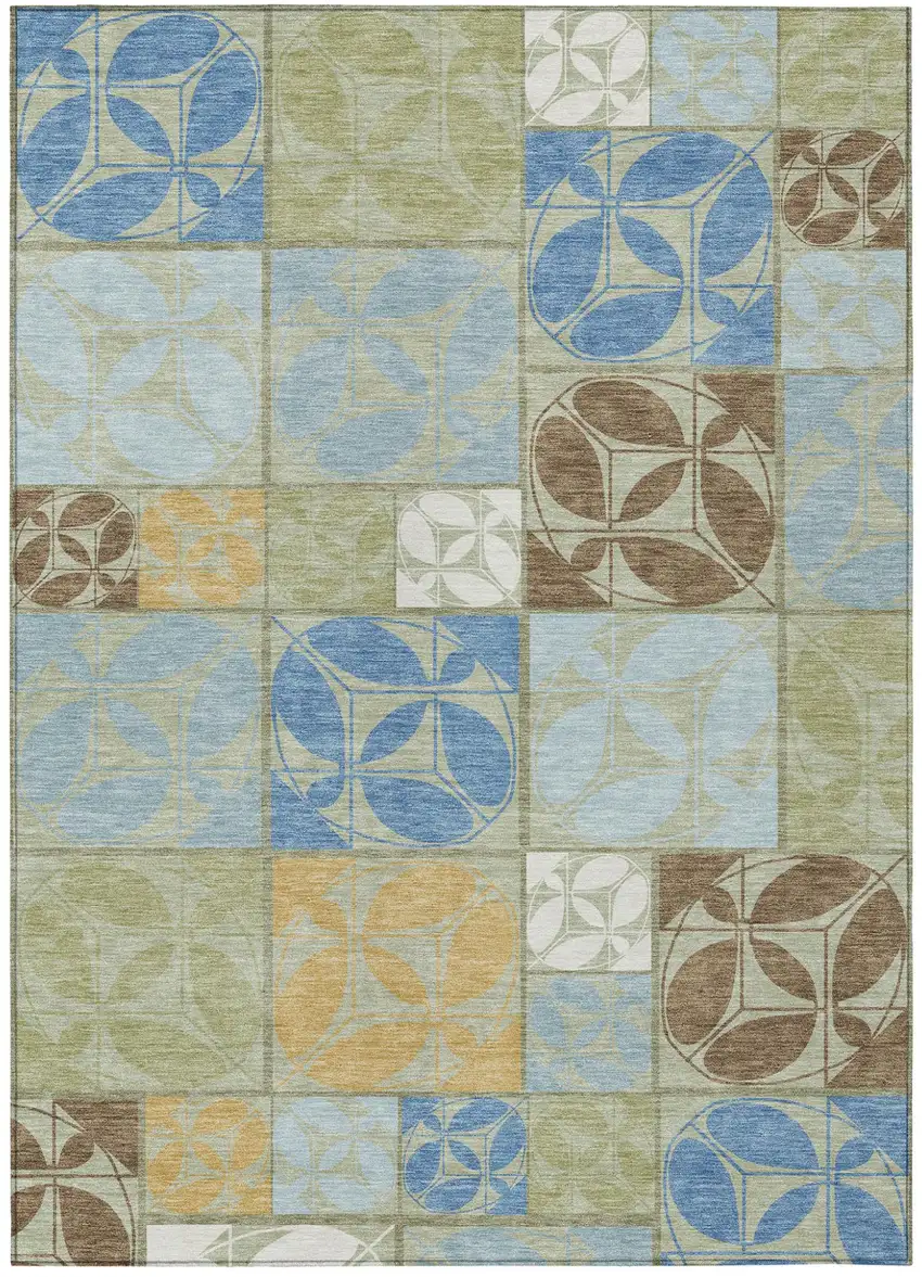 Green And Silver Geometric Washable Indoor Outdoor Area Rug Photo 1