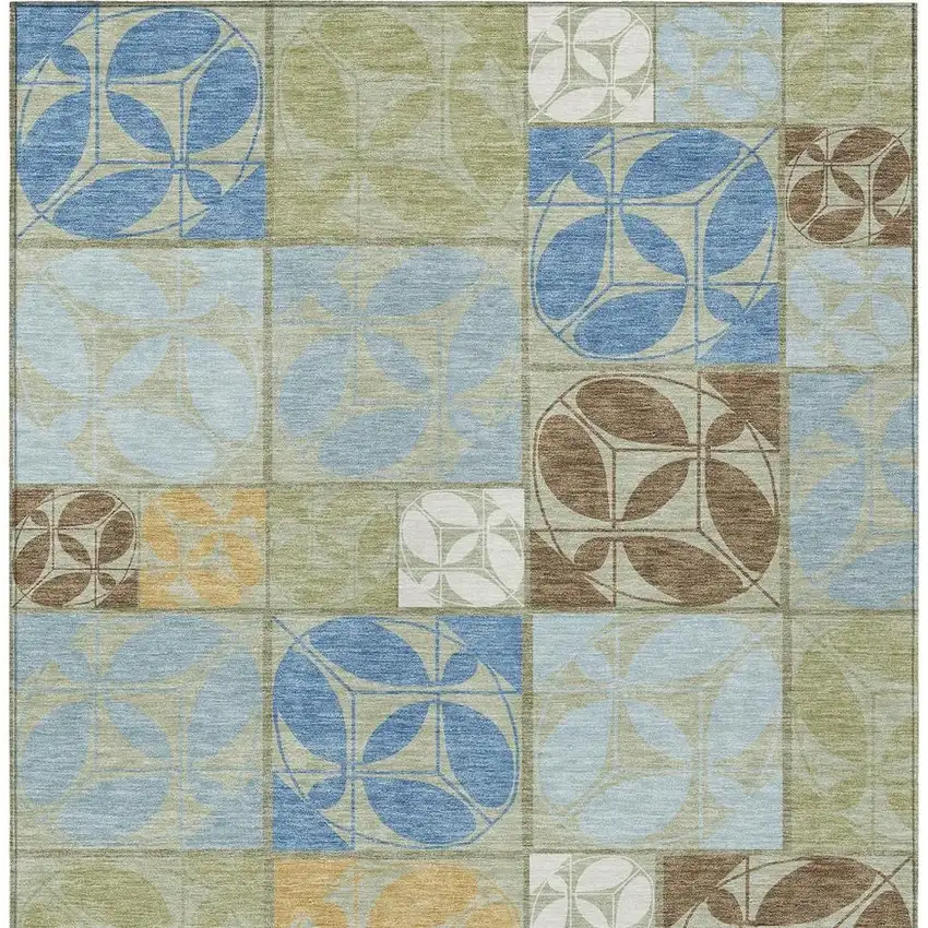 Green And Silver Geometric Washable Indoor Outdoor Area Rug Photo 3