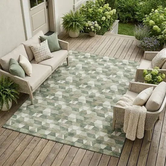 Green And Silver Geometric Washable Indoor Outdoor Area Rug Photo 1