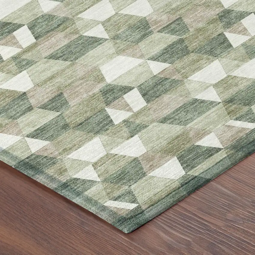 Green And Silver Geometric Washable Indoor Outdoor Area Rug Photo 7