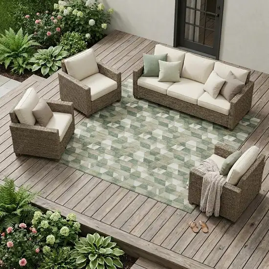 Green And Silver Geometric Washable Indoor Outdoor Area Rug Photo 1