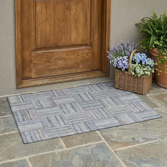 Green And Silver Geometric Washable Indoor Outdoor Area Rug Photo 1