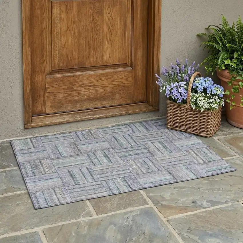 Green And Silver Geometric Washable Indoor Outdoor Area Rug Photo 1