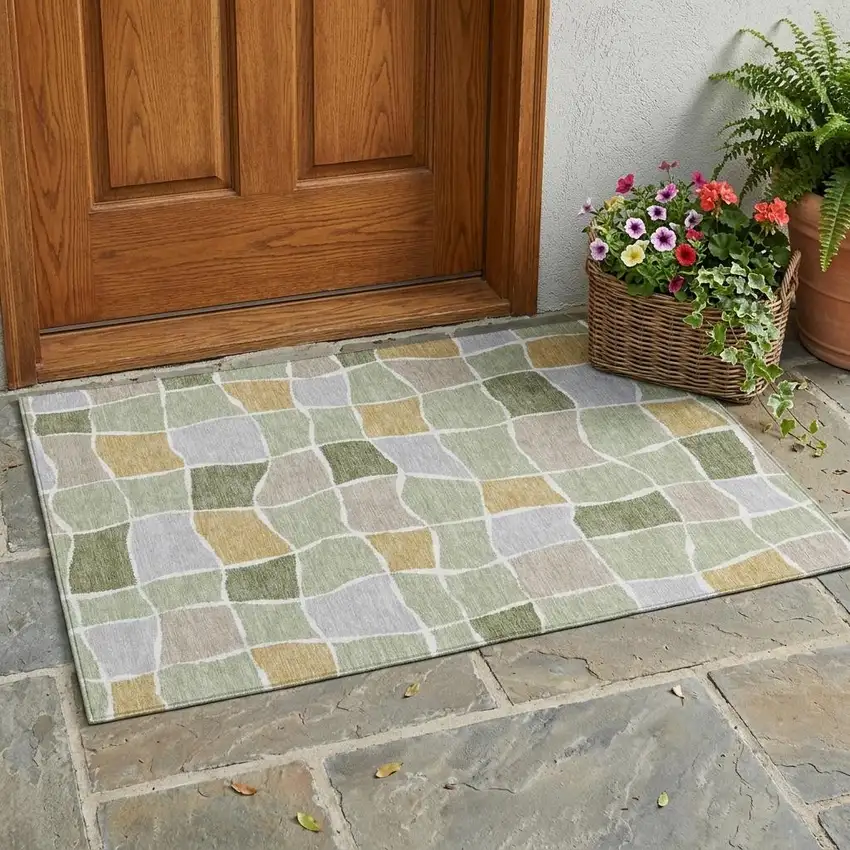 Green And Silver Geometric Washable Indoor Outdoor Area Rug Photo 1