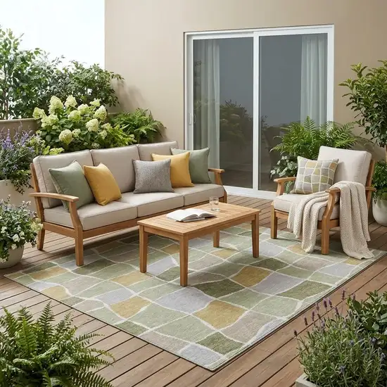 Green And Silver Geometric Washable Indoor Outdoor Area Rug Photo 1