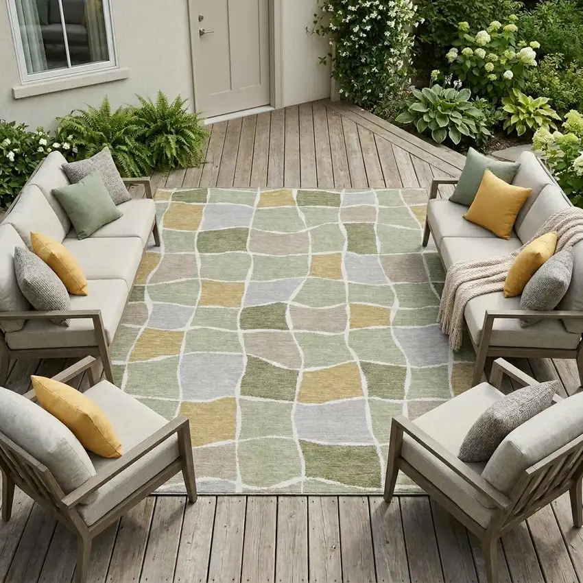 Green And Silver Geometric Washable Indoor Outdoor Area Rug Photo 1