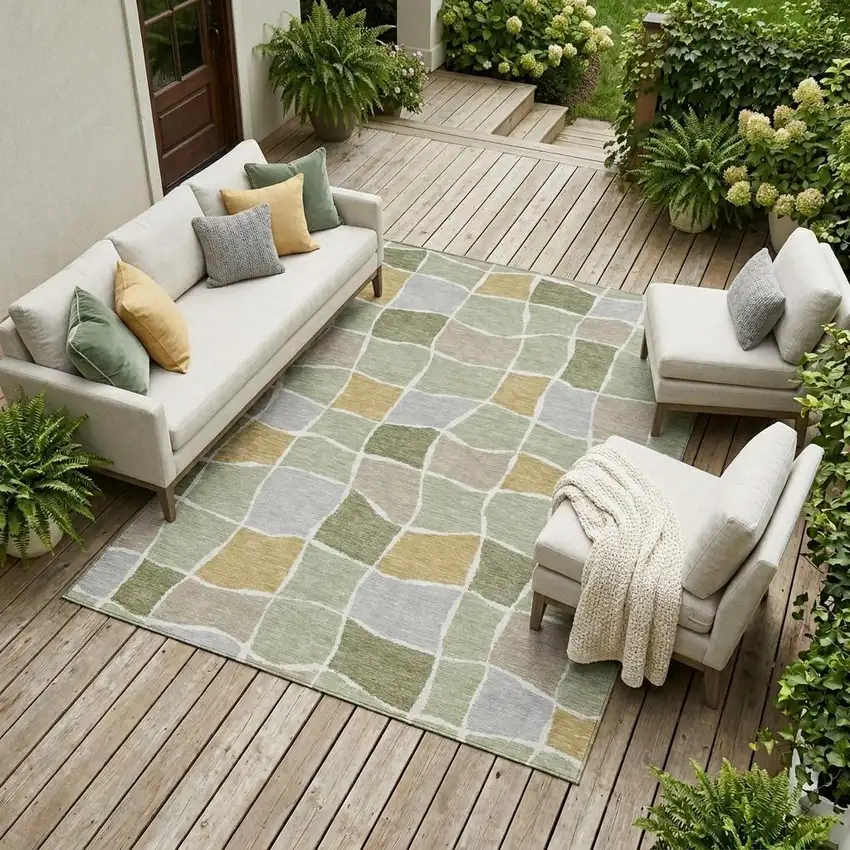 Green And Silver Geometric Washable Indoor Outdoor Area Rug Photo 1