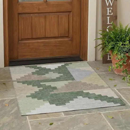 Green And Silver Geometric Washable Indoor Outdoor Area Rug Photo 1