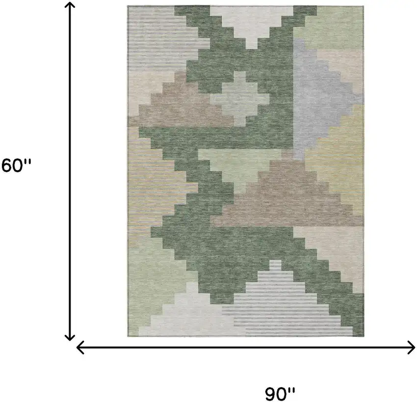 Green And Silver Geometric Washable Indoor Outdoor Area Rug Photo 5