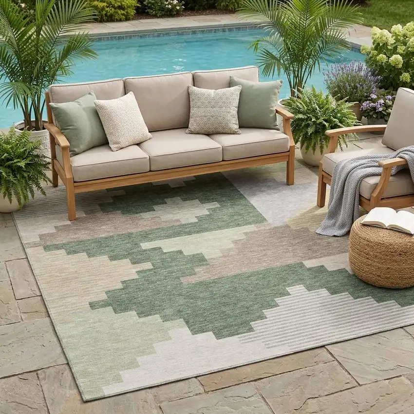 Green And Silver Geometric Washable Indoor Outdoor Area Rug Photo 1