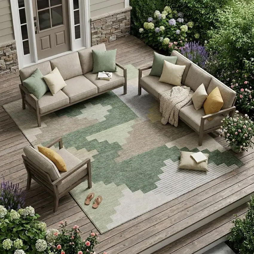 Green And Silver Geometric Washable Indoor Outdoor Area Rug Photo 1