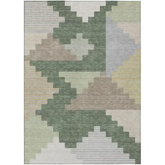 Green And Silver Geometric Washable Indoor Outdoor Area Rug Photo 2
