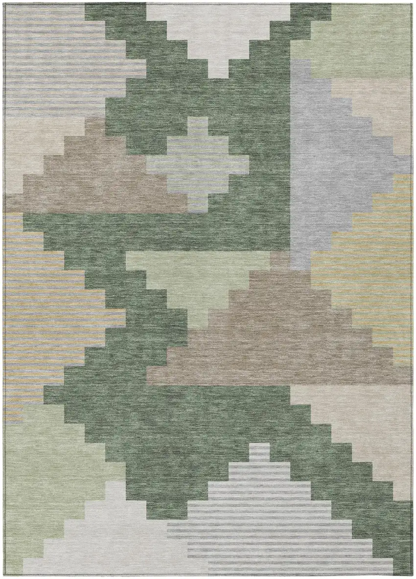 Green And Silver Geometric Washable Indoor Outdoor Area Rug Photo 2