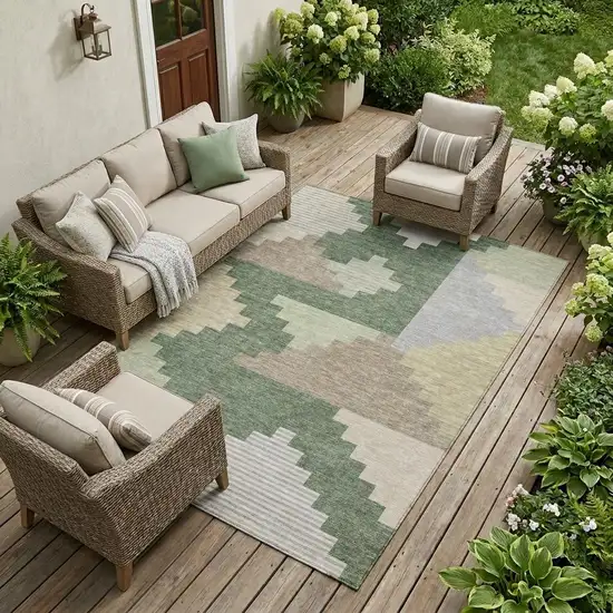 Green And Silver Geometric Washable Indoor Outdoor Area Rug Photo 1